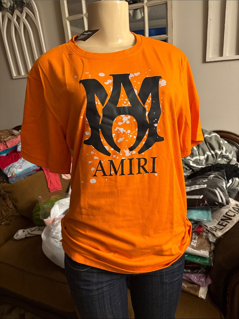 AMIRI Orange Graphic Logo Tee with Black Print